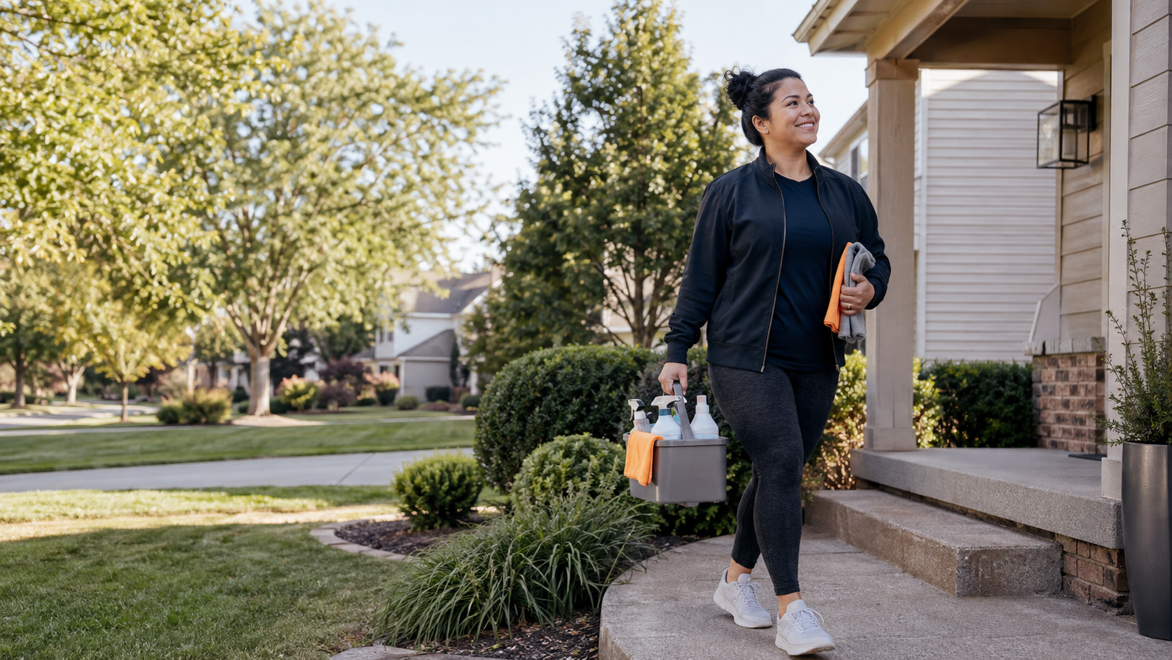 A local cleaner arriving at a suburban home